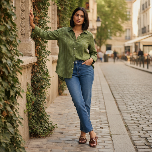 Bonnita Olive Green Textured Viscose Shirt