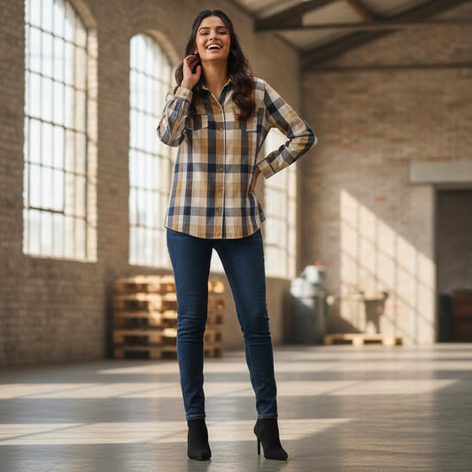 Out Fit Beige & Navy Check Cotton Shirt