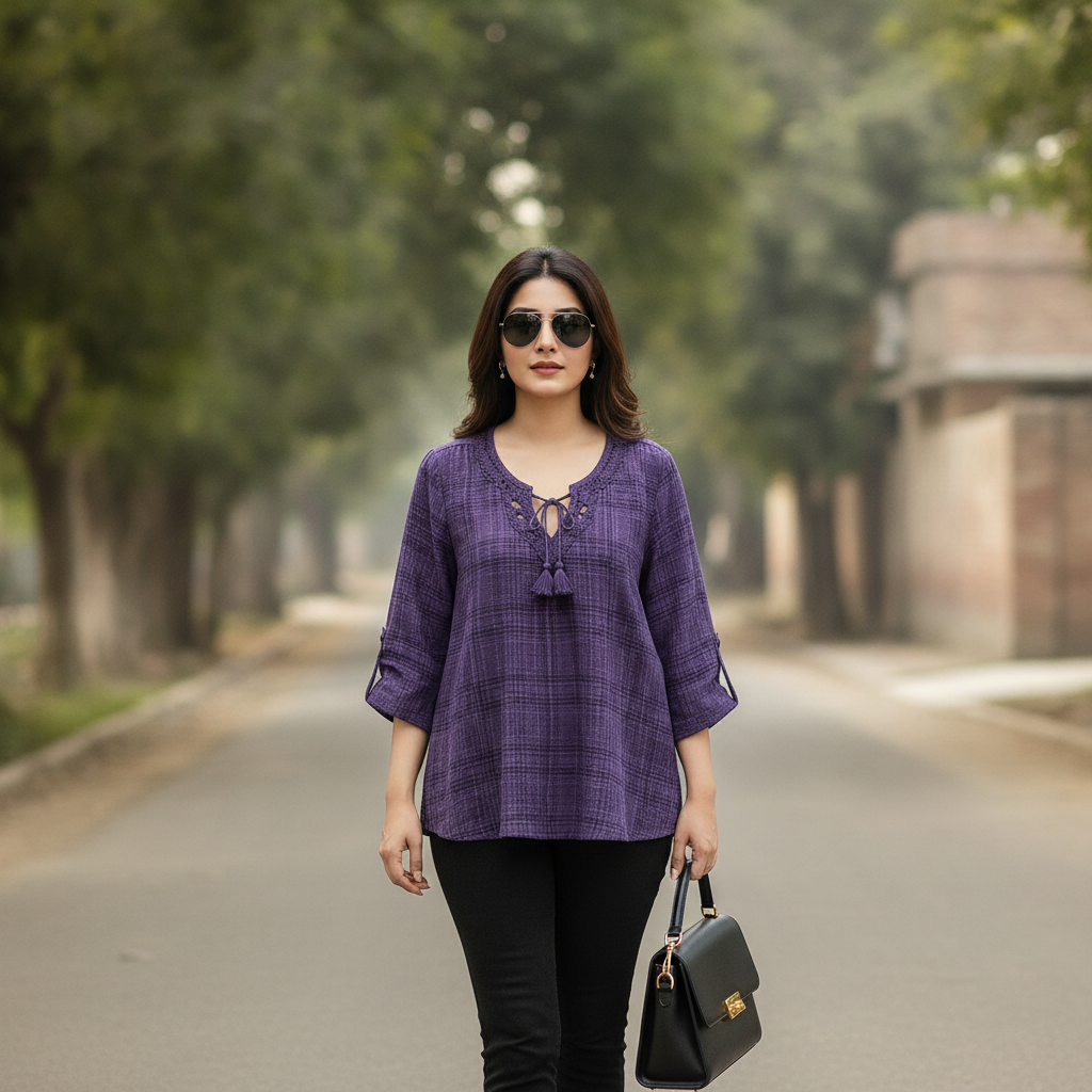 BONNITA Purple Cotton Embroidered Tunic Top for Women | BONNARE