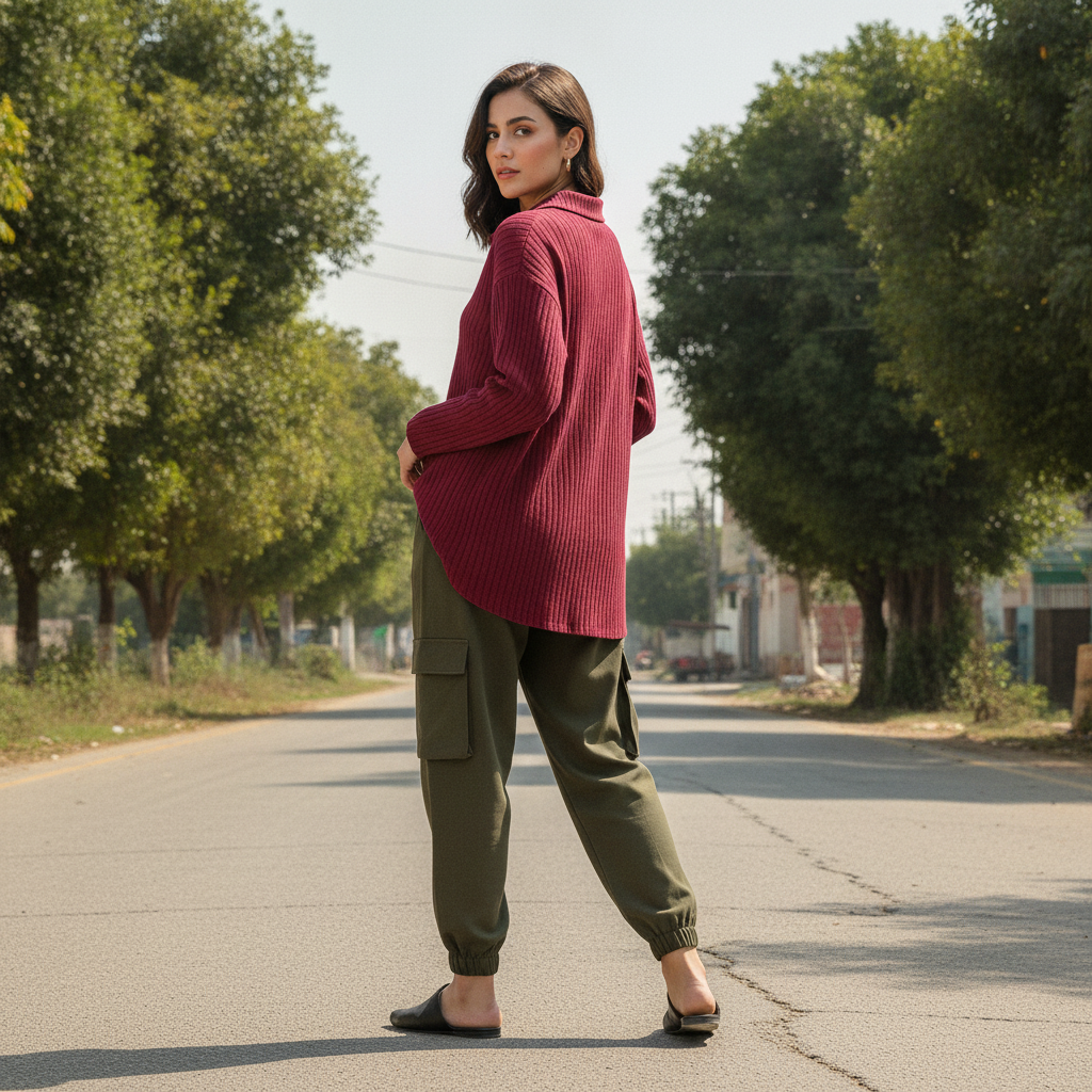 THANHMINH Burgundy Ribbed Button-Up Shirt for Women | BONNARE