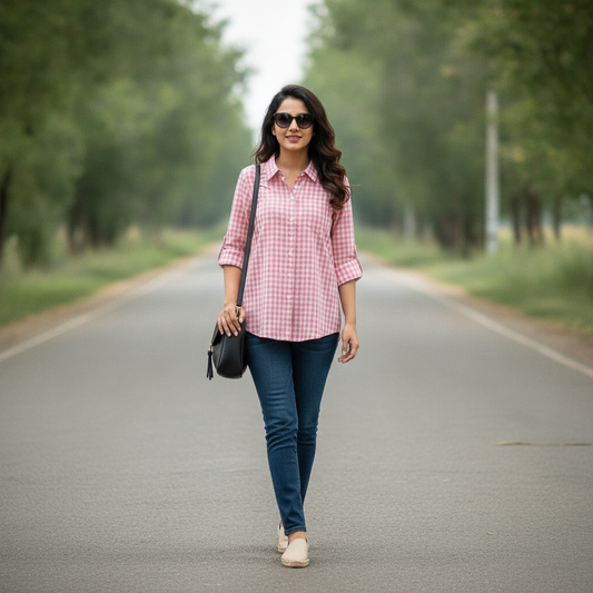 Marco Polo Pink Check Cotton Shirt for Women | BONNARE