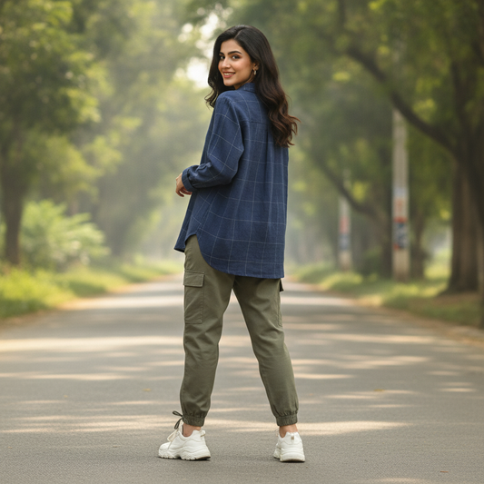 Sud Express Navy Windowpane Cotton Shirt for Women