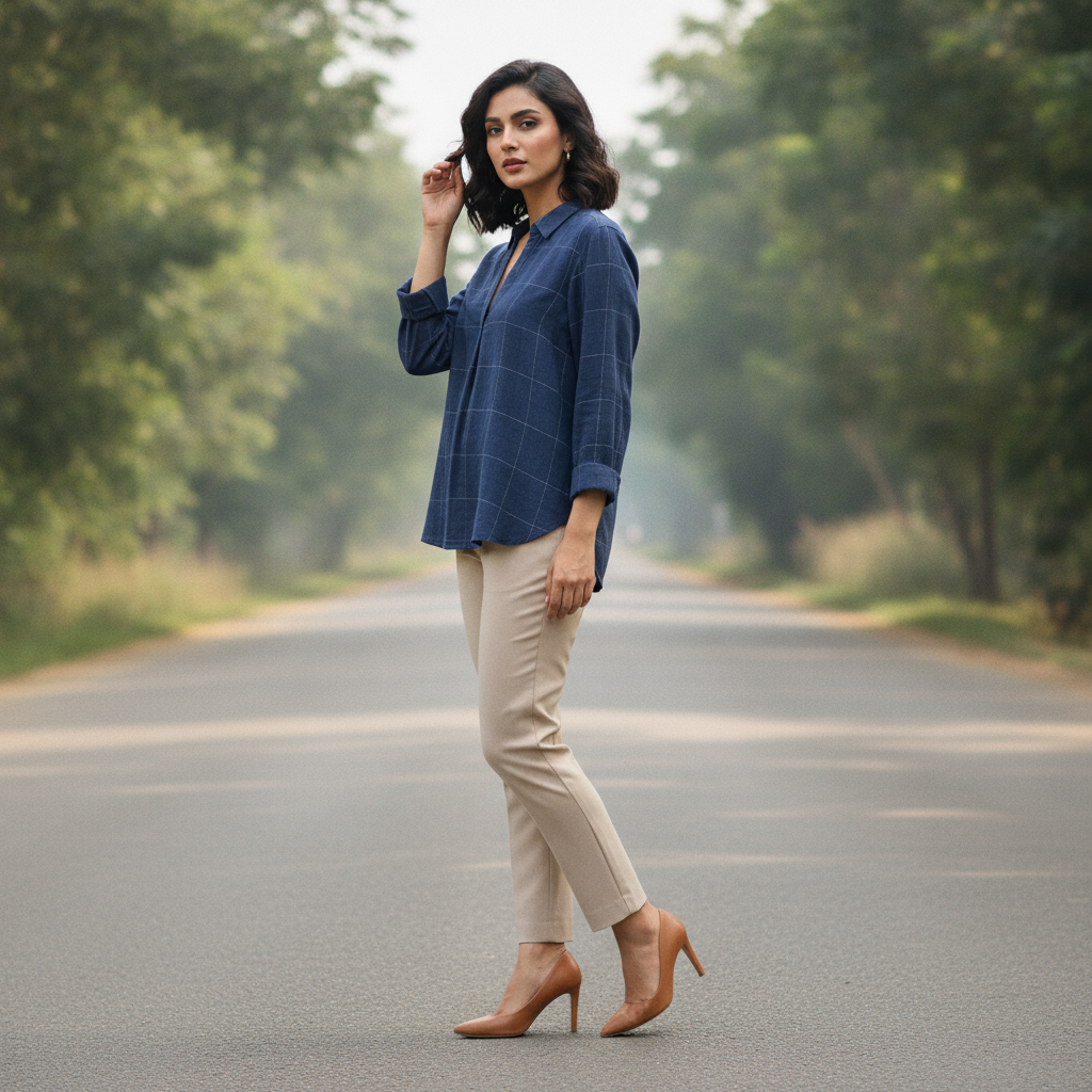 Sud Express Navy Windowpane Cotton Shirt for Women