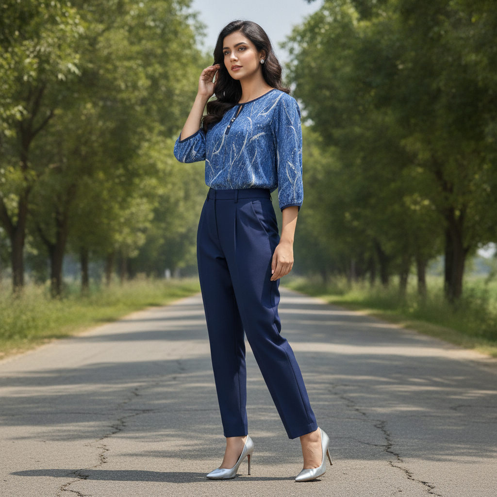 Sabrina Blue Printed Viscose Top for Women