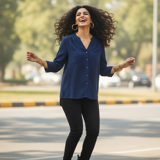 Atmosphere Navy Viscose Button Shirt for Women