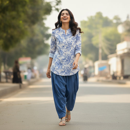 Sfera Basic Blue Floral Cotton Shirt for Women