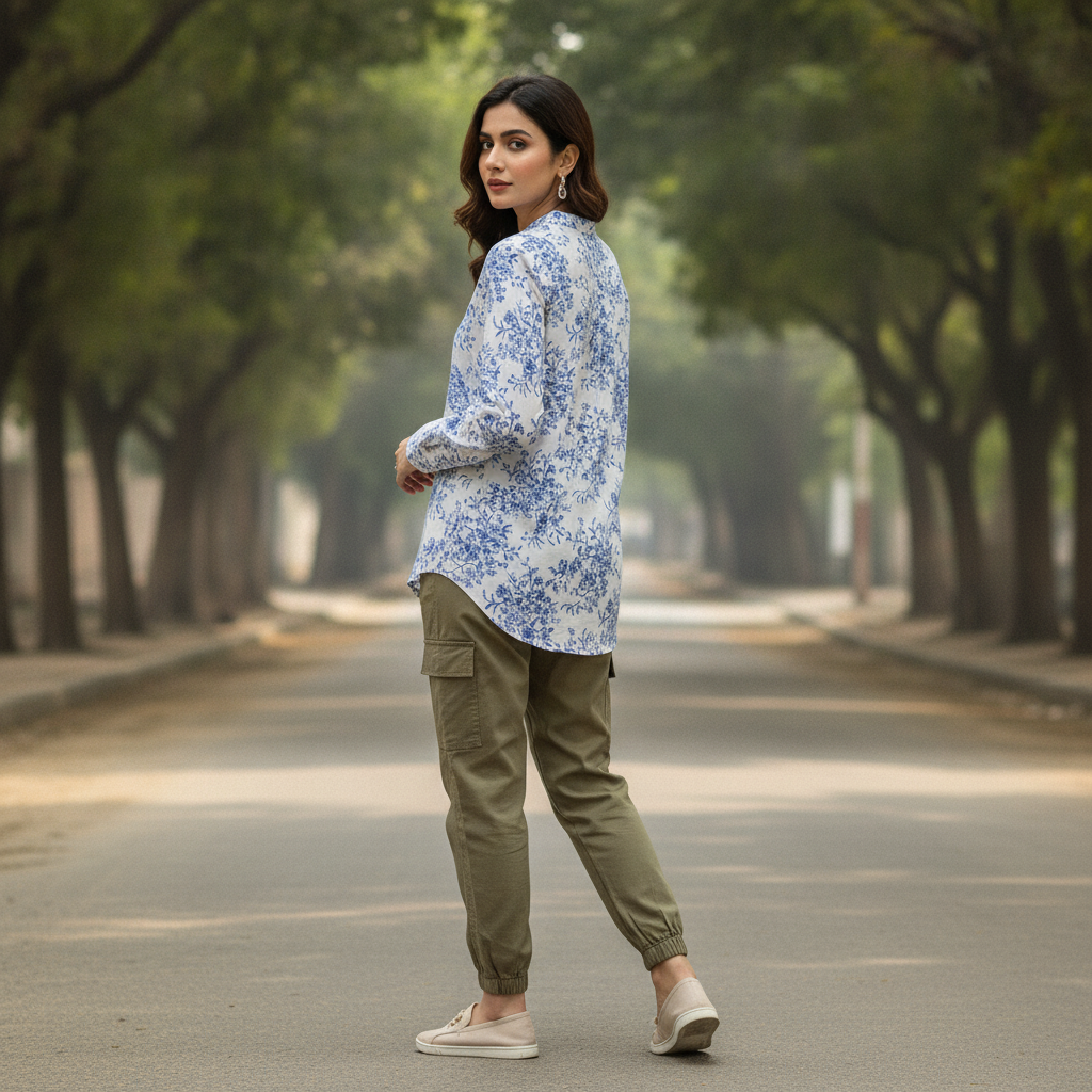 Sfera Basic Blue Floral Cotton Shirt for Women