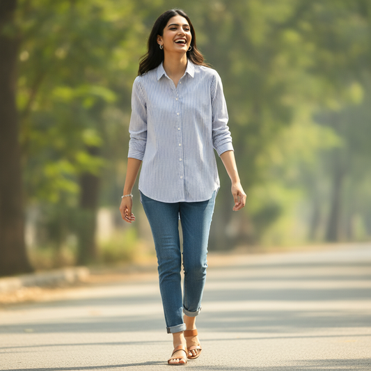 H&M Blue Stripe Cotton Button-Up Shirt for Women