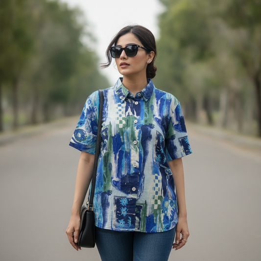 BONNARE Blue Abstract Georgette Shirt for Women