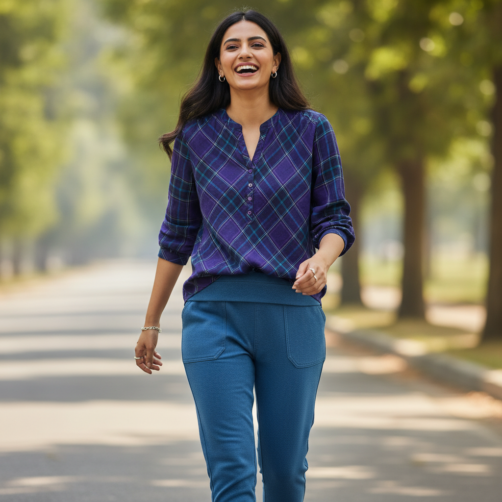 Women's Purple Check Cotton Top with Button Neck
