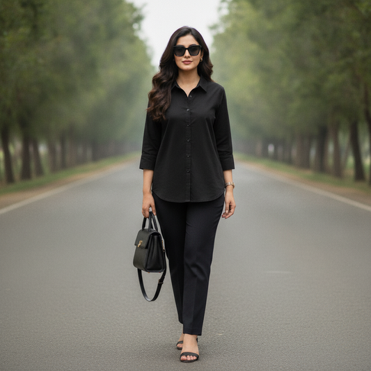H&M Black Cotton Shirt for Women | Classic Casual Button Shirt
