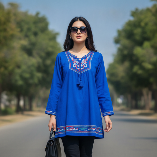 M&D Royal Blue Embroidered Cotton Kurti for Women | Casual Ethnic Top