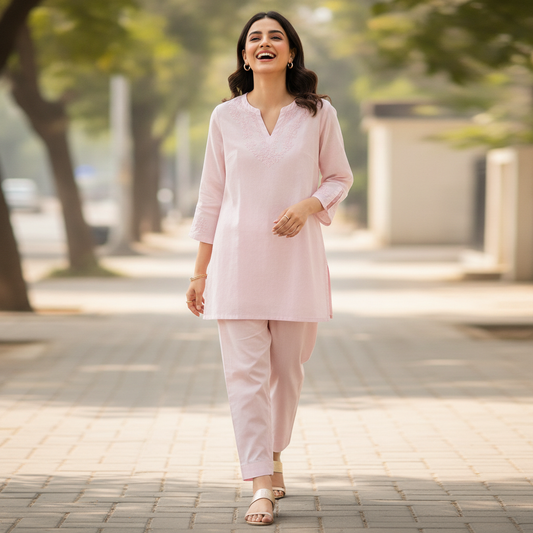 Bonnare Light Pink Embroidered Cotton Tunic for Women | Elegant Casual Top