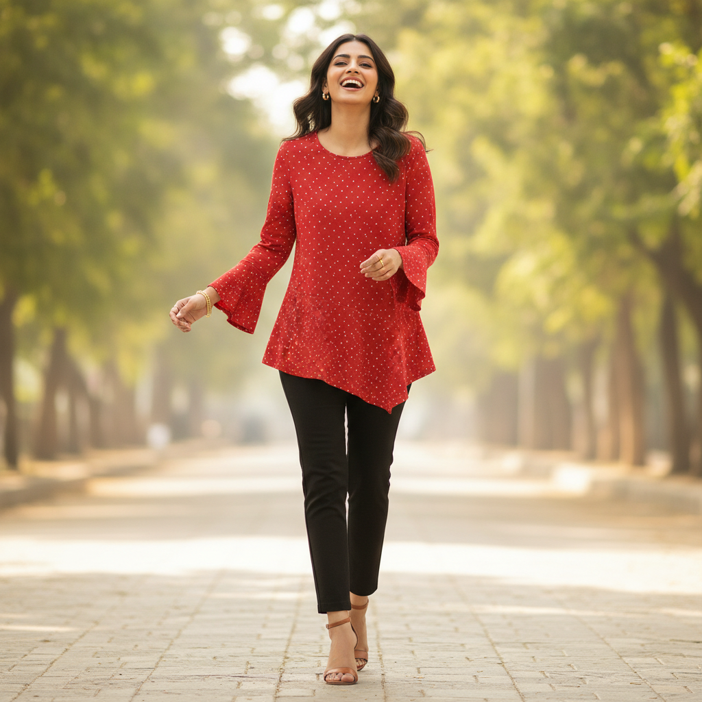 Pull & Bear Red Printed Cotton Top for Women | Flared Sleeve Casual Top