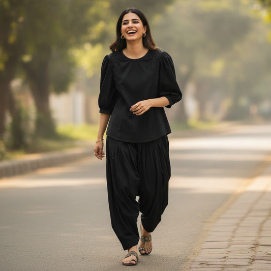 Bonnare Black Silk Puff Sleeve Top for Women | Elegant Party Wear Blouse