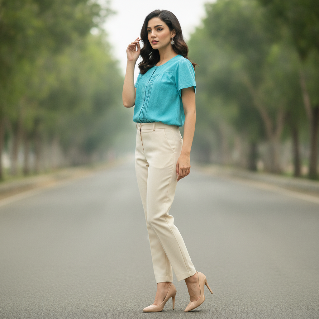 Okay Turquoise Cotton Top for Women | Pleated Button Front Casual Blouse