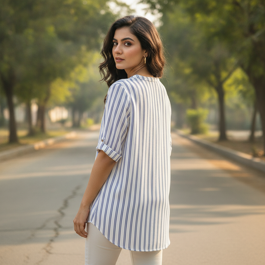 John Banner White & Blue Striped Viscose Shirt for Women | Roll-Up Sleeve Blouse