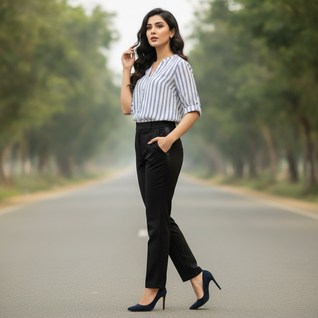 John Banner White & Blue Striped Viscose Shirt for Women | Roll-Up Sleeve Blouse