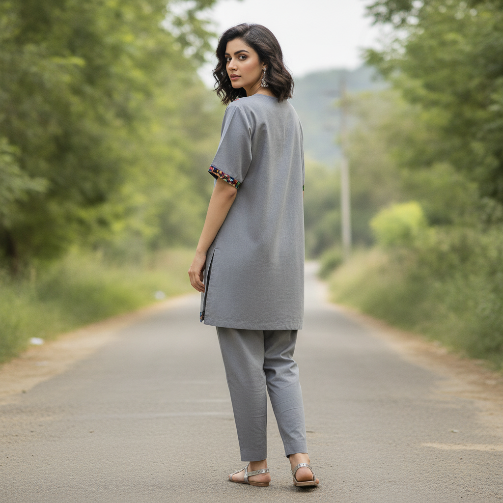 Bonnare Grey Cotton Ethnic Print Top for Women | Casual Short Sleeve Shirt
