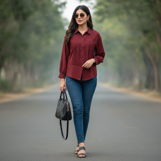 Dhia Maroon Printed Cotton Shirt for Women | Casual Button Front Blouse