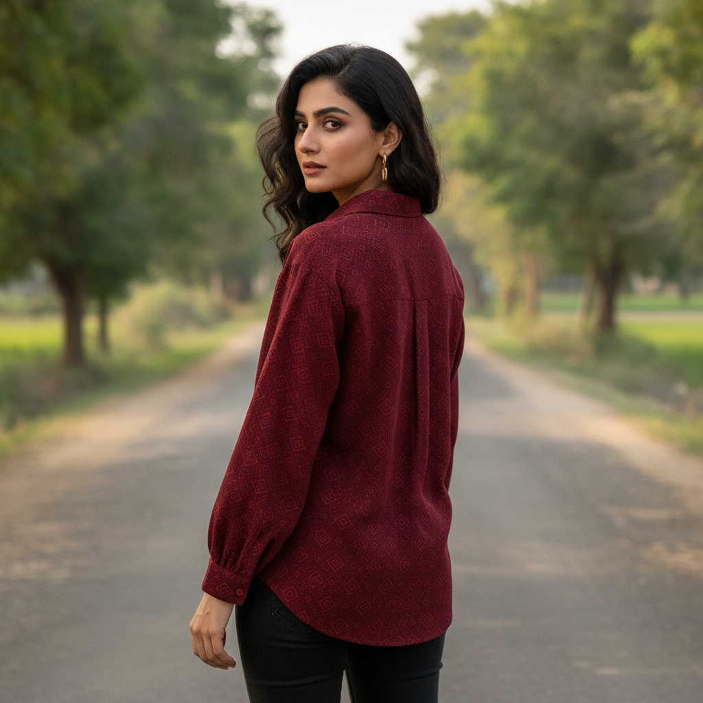 Dhia Maroon Printed Cotton Shirt for Women | Casual Button Front Blouse