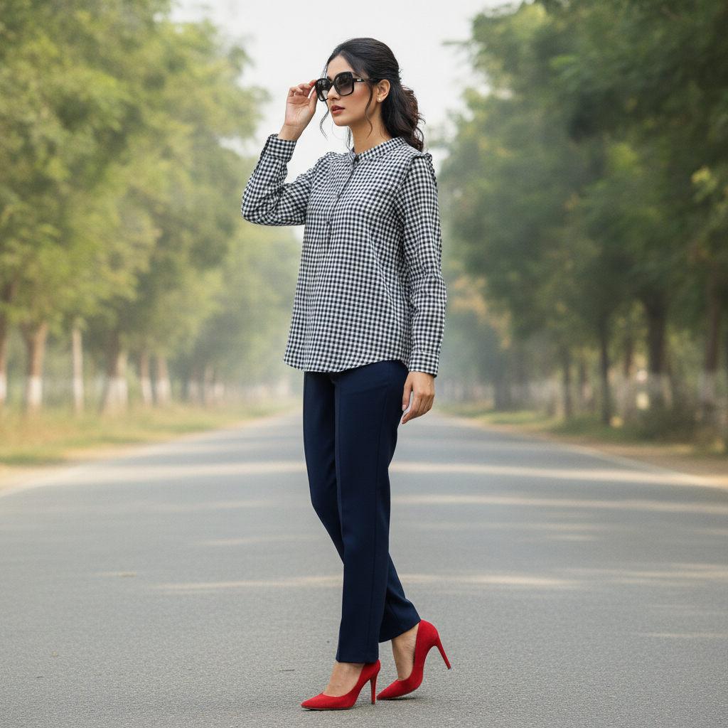 H&M Black & White Gingham Cotton Top for Women | Mandarin Collar Casual Shirt