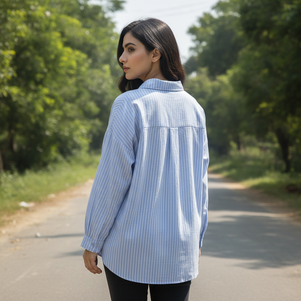 Kiabi Blue Striped Cotton Shirt for Women | Relaxed Fit Button-Up Blouse