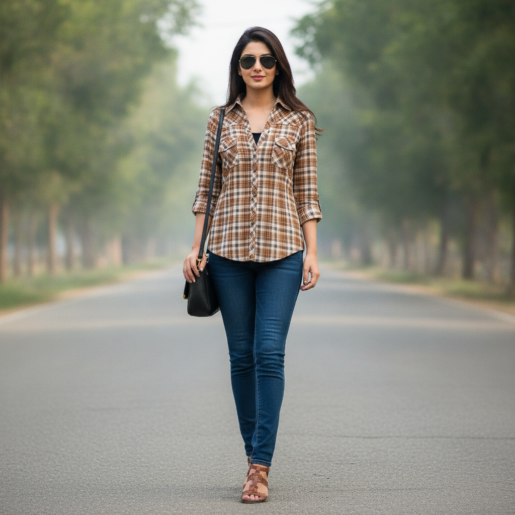 Terranova Brown Checked Cotton Shirt for Women | Studded Casual Button-Up Shirt