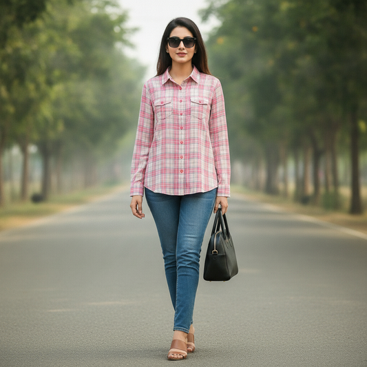 Yessica Pink Checked Cotton Shirt for Women | Classic Plaid Button-Up Top