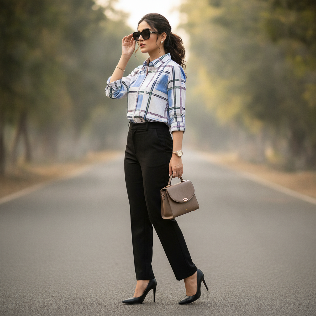 Mohito Blue Checked Viscose Shirt for Women | Casual Button-Up Blouse