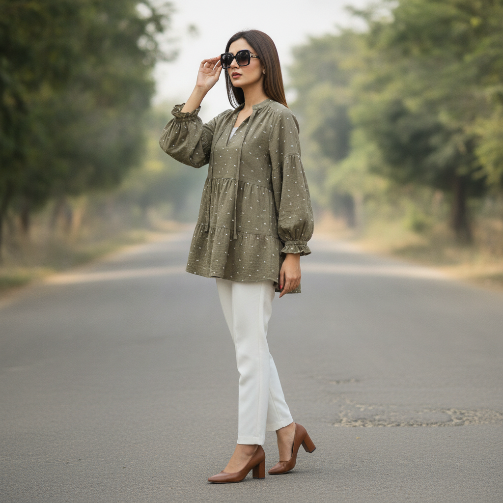 Zara Olive Printed Viscose Peplum Top for Women | Puff Sleeve Blouse