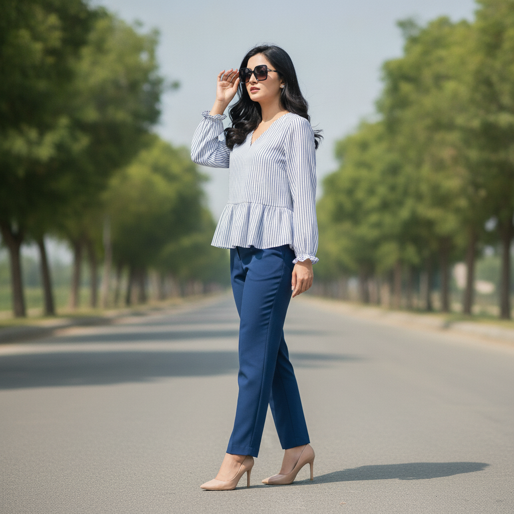Reserved Blue Striped Cotton Peplum Top for Women | V-Neck Casual Blouse