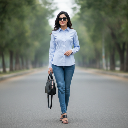 Park Avenue Light Blue Cotton Shirt for Women | Formal Button-Up Shirt