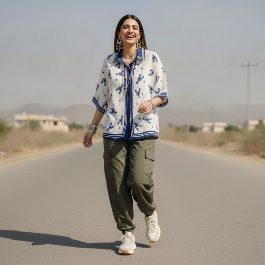 L'Esstial White & Blue Printed Cotton Women's Shirt