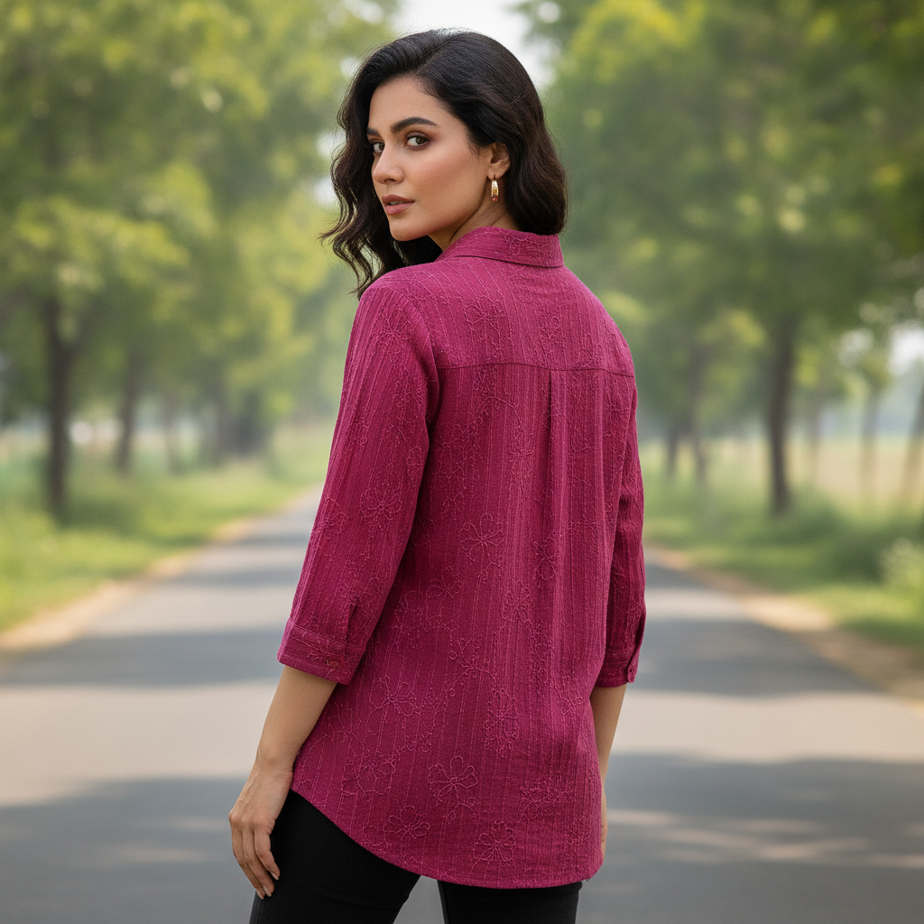Infinity Women's Magenta Embroidered Cotton Shirt