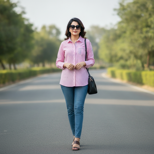 St. George Women's Pink Gingham Cotton Shirt
