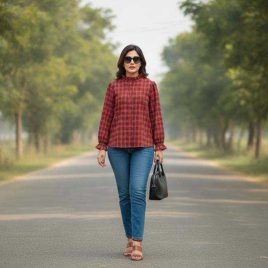 Bonnare Women's Red Check Cotton Blouse