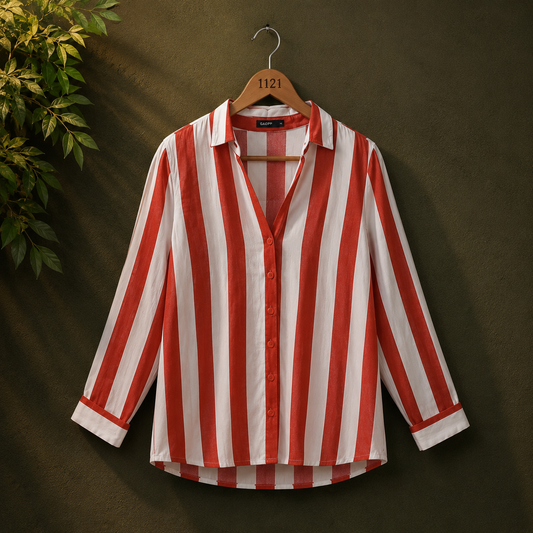Cropp Women's Red & White Striped Viscose Button-Up Shirt