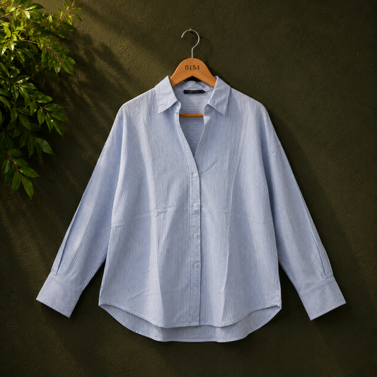 Zara Women's Light Blue Striped Oversized Cotton Shirt