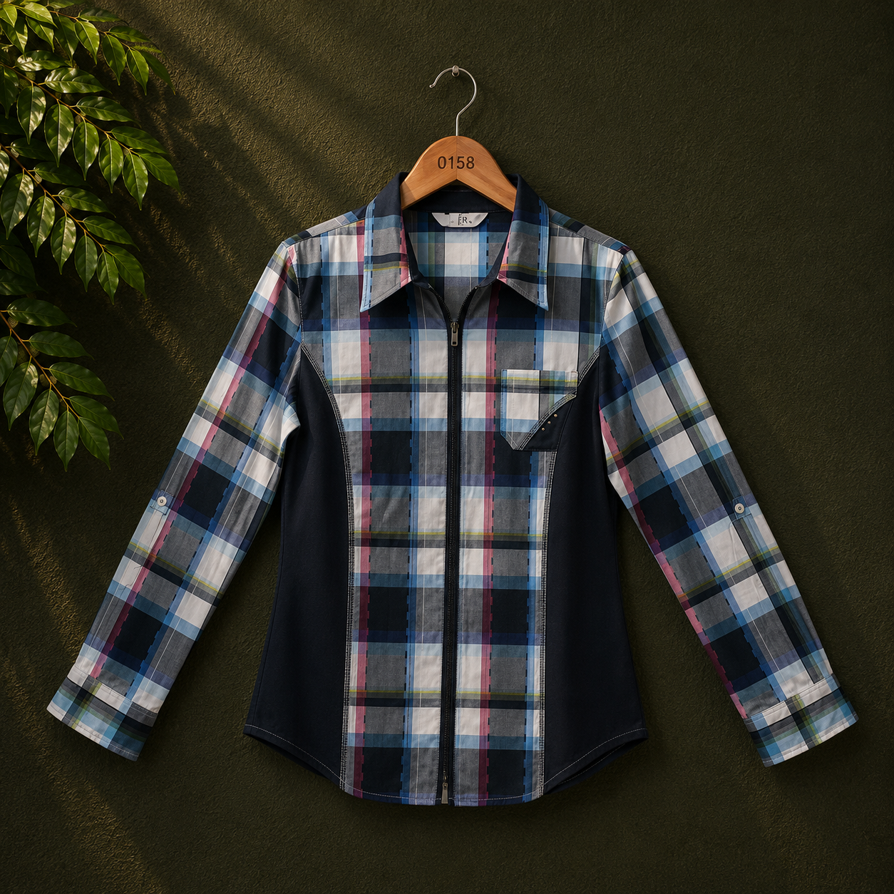 FER Women's Blue Check Zip-Front Cotton Shirt