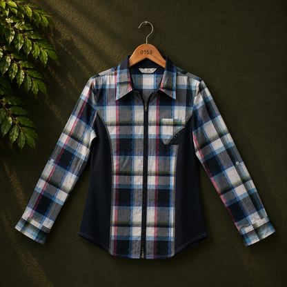 FER Women's Blue Check Zip-Front Cotton Shirt