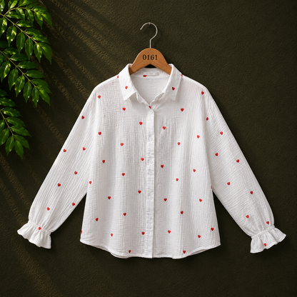 Bonnare Women's White Heart Print Viscose Button-Up Shirt