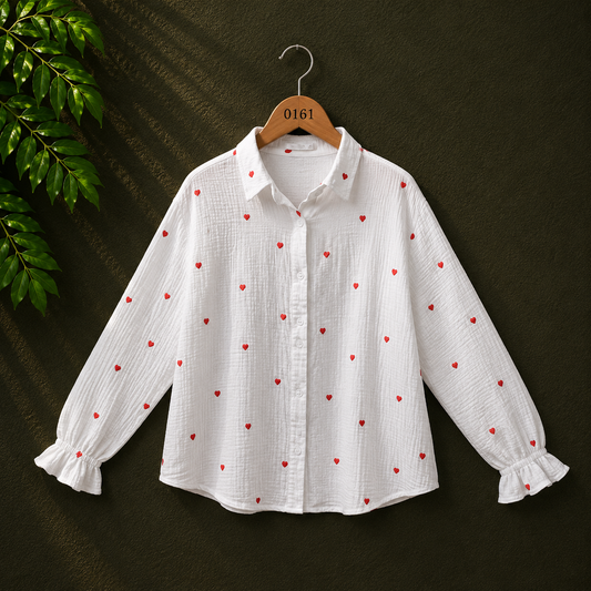 Bonnare Women's White Heart Print Viscose Button-Up Shirt