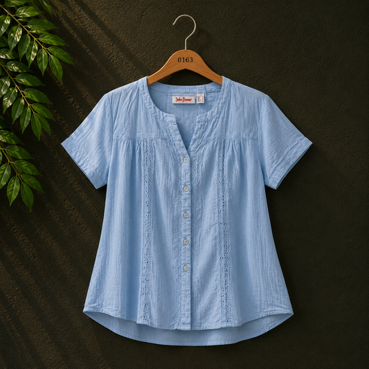 John Baner Women's Sky Blue Cotton Button-Up Blouse