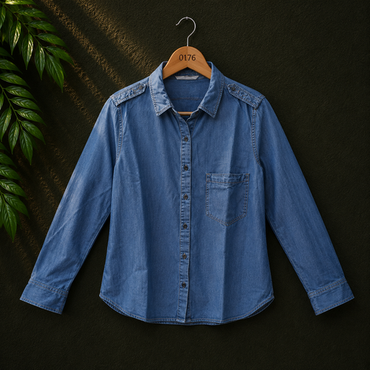 Zara Women's Blue Cotton Denim Shirt