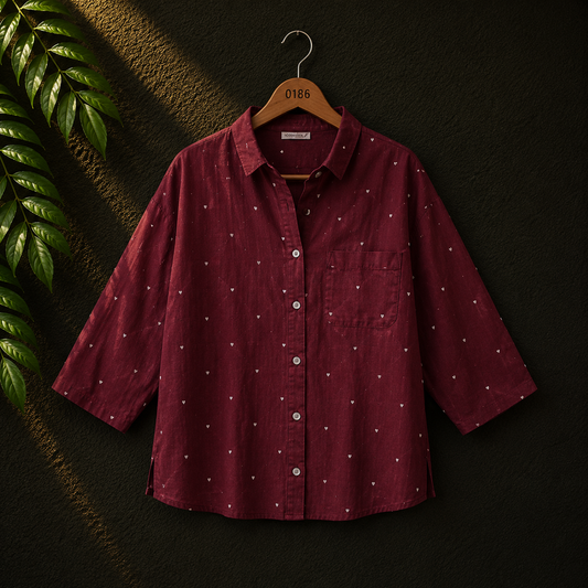 Oysho Women's Maroon Cotton Heart Print Shirt