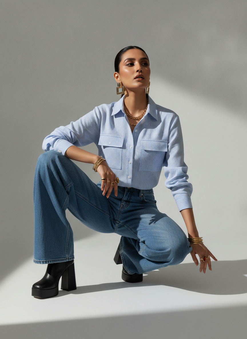 Yessica Blue Pinstripe Cotton Button-Down Shirt | BONNARE