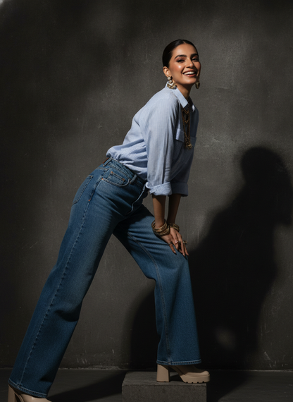 Yessica Blue Pinstripe Cotton Button-Down Shirt | BONNARE