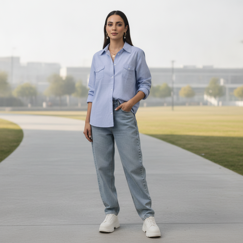 Yessica Blue Pinstripe Cotton Button-Down Shirt | BONNARE