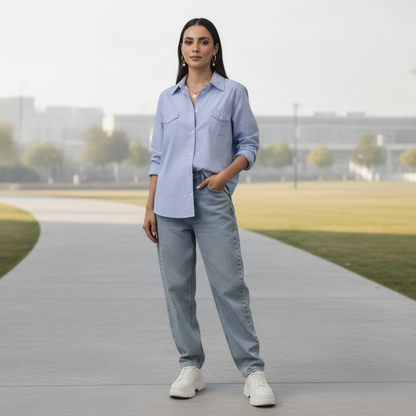 Yessica Blue Pinstripe Cotton Button-Down Shirt | BONNARE